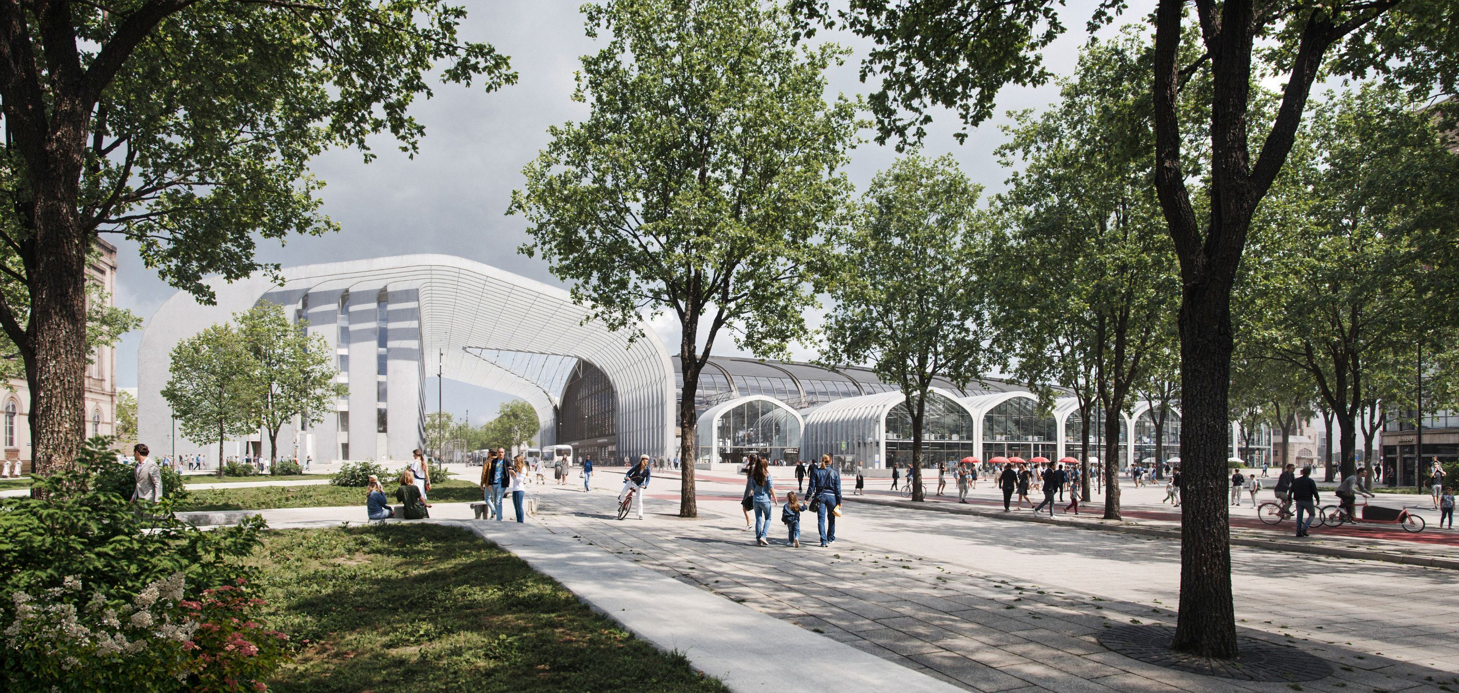 Visualisierung aus dem Architekturwettbewerb 2022. Sie zeigt eine mögliche Umsetzung des Moduls B und C mit Blickrichtung aus Osten auf den Hachmannplatz.