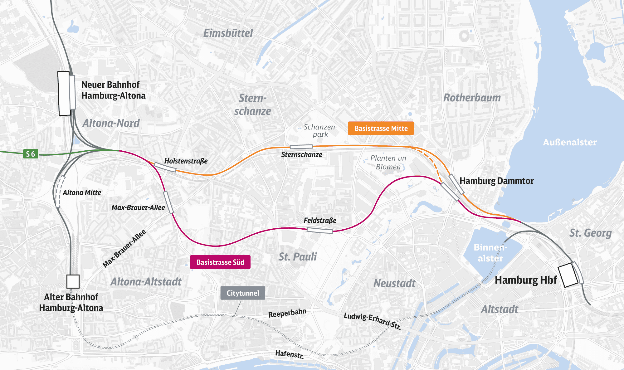 Karte mit Streckenverlauf der Basistrasse Mitte (über Sternschanze) und der Basistrasse Süd (über Feldstraße und Max-Brauer-Allee)