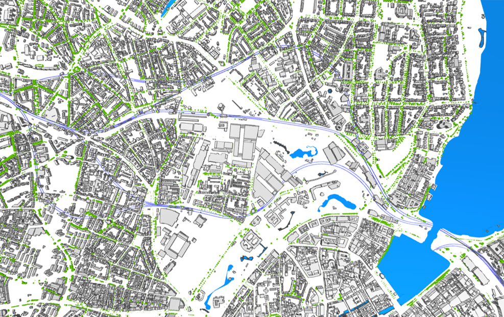 Plan von Hamburg mit möglichen VET-Tunnelverläufen inkl. Gebäuden, Bäumen, Gewässern